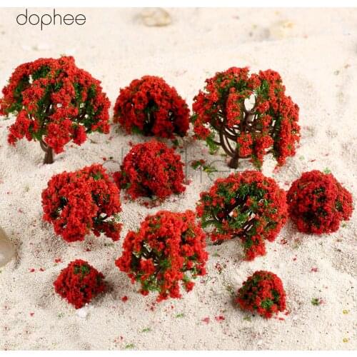 Dophee 10pcs Model Trees with Red Flower OO HO Scale 4 sizes 3cm-8cm Green Train Set Scenery Landscape Resin Tree Fairy Garden