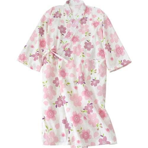 Shanghai Story Women Cotton Kimono Bathrobe with Pockets Bath Robe Purple Sakura Print sleepwear