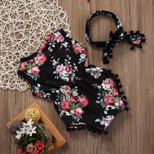 Summer New Girls Floral Romper NewBorn Clothes Baby Girl Sleeveless Jumpsuit with Headband Kid Outfits Sets Sunsuit