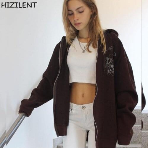 Brown Zip Up Sweatshirt Y2K Skull Winter Jacket Clothes oversize Hoodies Women plus size Vintage Pockets Long Sleeve Pullovers