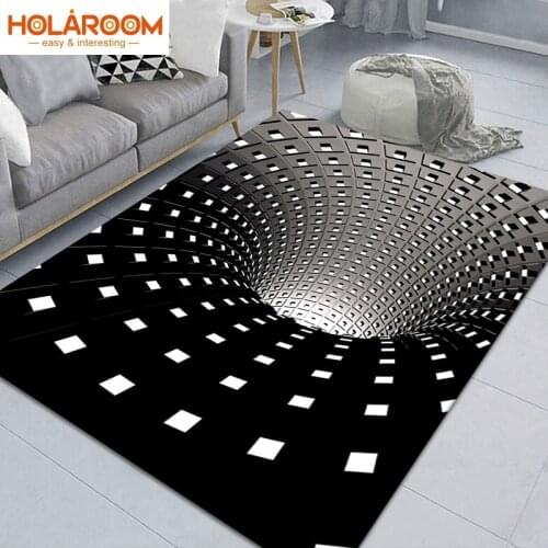 Vortex Illusion Rug 3D Trap Effect Bottomless Hole Carpet Geometric Black White Grid Bedroom Living Room Anti Slip Floor Mats