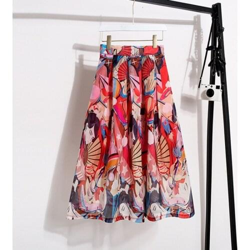Spring Cartoon Girls Printed A-line Pleated Satin Midi Skirts Red Painting Below Knee Skirts