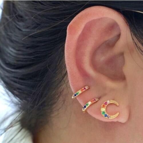 Minimal moon earring studs minimalist paved mix colored rainbow cz delicate cute lovely classic jewelry earring studs