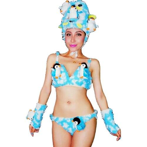 Fashion Women Penguin Hat Blue Bra Shorts Nightclub Showgirl Costumes Bar Prom Three Pieces Outfit Singer Dance Stage Wear