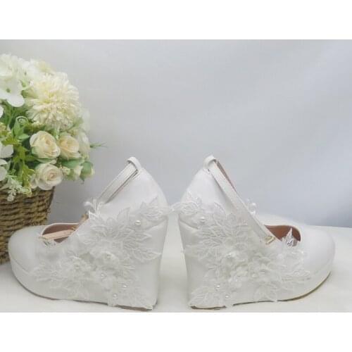 BaoYaFang 2020 New Arrival White Flower Wedges Round Toe Wedding Shoes High Heels ladies fashion shoes woman ankle strap Pumps