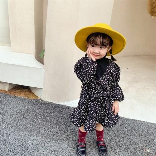 2021autumn Clothing New Lantern Sleeve Waist-Tight Girl Floral Dress Korean Baby Girl Fashionable Skirt Children Shirt