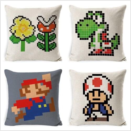 PEIYUAN 17.7Inch Classic Game Pillow Cover Square Linen Cartoon Mario Child Game Love Soft Sofa Pillow Case Decor Cushion Cover