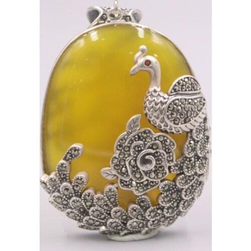 Pure 925 Sterling Silver Pendant 60x40mm Yellow Chalcedony Peony Flower And Peacock Pattern Charms For Woman