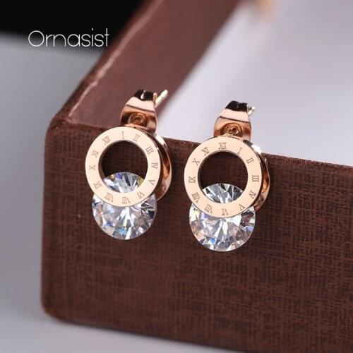 Titanium Steel Circle Roman Numeral Earrings Exquisite Zircon Ladies Earrings Classic Simple Rose Gold Colour Ladies Jewelry