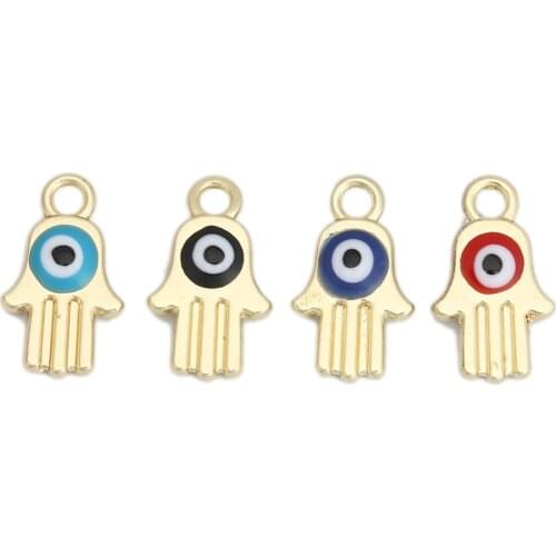 Evil Eye Series Zinc Based Alloy Pendant Charms Hamsa Symbol Hand Gold Plated Red Evil Eye Enamel 14mm x 8mm, 10 PCs