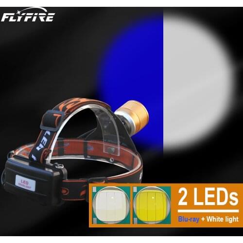 Blue light white Fishing 2 led headlight telescopic zoom headlamp 18650 rechargeable Cree head flashlight torch hunting lantern