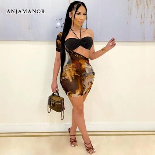 ANJAMANOR Vintage Printed Sheer Mesh Bodycon Dress Sets Sexy Night Club Outfit Asymmetrical Hollow Out Two Piece Set D42-BI12