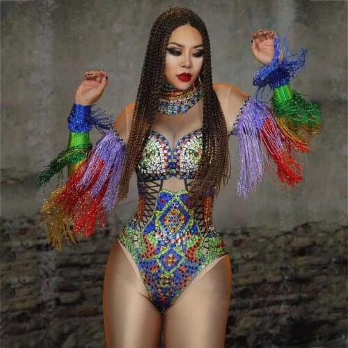Colorful Rhinestones Fringed Sleeve Jumpsuit Rave Outfits Pole Dance Outfits Festival Bodysuit Women Stage Costumes XS1341
