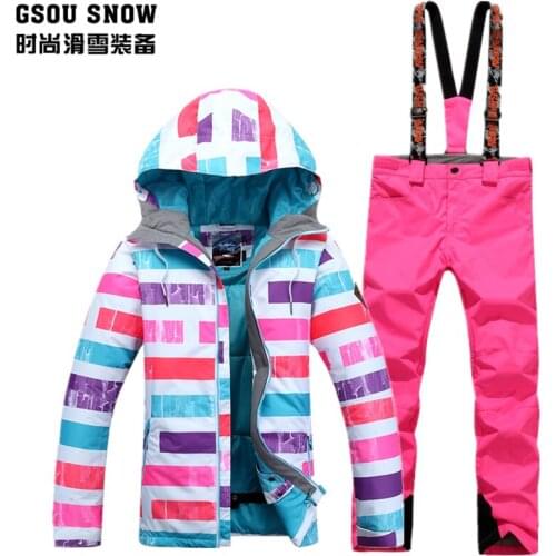 Womens ski suit female skateboarding skiing set winter skiwear pink blue violet stripes ski jacket and pink ski pants skiwear