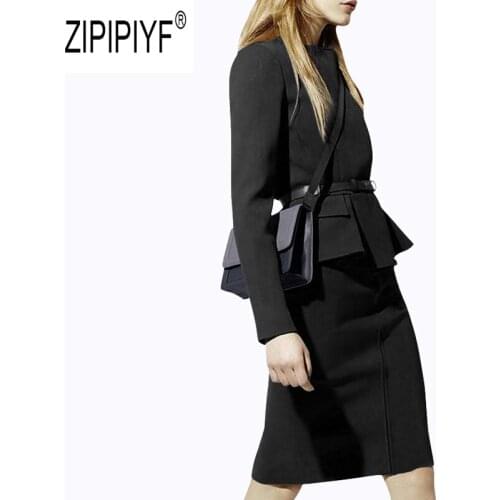 2019 Autumn Fashion Women Sets Long Sleeve O Neck Slim Waist Blouse Top Pencil Black Knee Length Office Lady Elegant Skirt Z2300