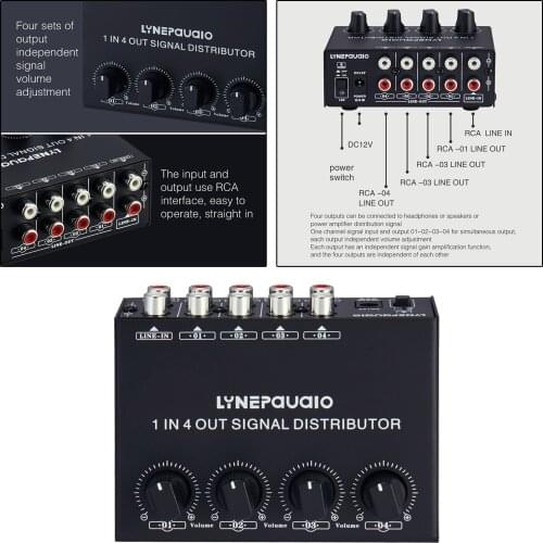 1 in 4 Out Stereo Signal Distributor RCA Switch Box Aluminum Case, High Performance