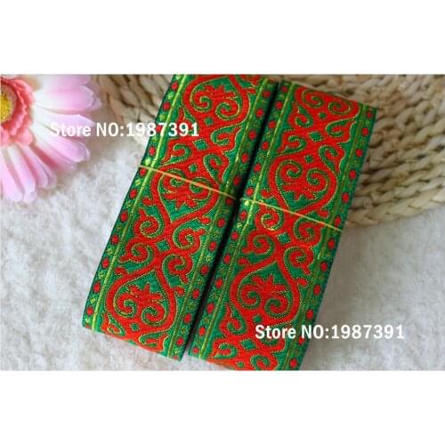 10yards/lots Woven Jacquard Ribbon 5cm green background red Geometric pattern LS-4453
