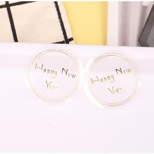 1000pcs/lot Lovely Bronzing Happy New Year Round Labels Clear Transparent Seals Sticker PVC Stationery Diary Deco Seal Stickers