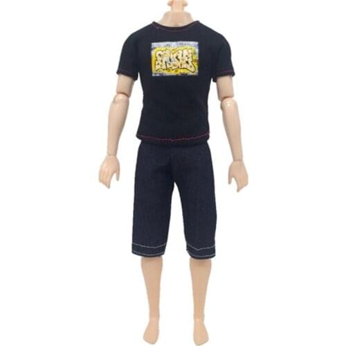 2 pcs/set Black T-shirt Capri Pants Suit Boy Causal Suit set for Ken Dolls Clothing for Height 30cm Doll Accessorise Clothes