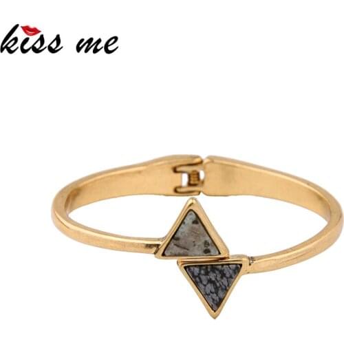 Kissme Unique Random Pattern Triangle Natural Stone Bangles For Women Gold Color Alloy Cuff Bracelets 2021 Retro Fashion Jewelry