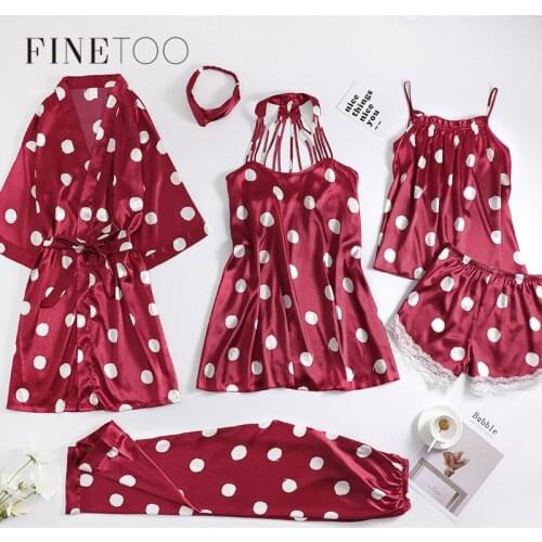 FINETOO 6Pcs Women Sexy Summer Silk Lingerie Dot Print Pijama Satin Autumn Spaghetti Pajamas Gown 6Pcs Pajama Sets With Hairband