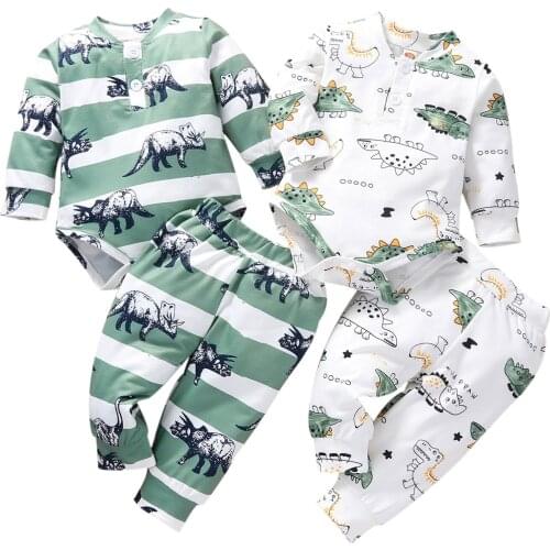 Infant Baby Boys Girls Two-piece Clothes Set, Dinosaur Printed Pattern Long Sleeve Romper and Trousers, White/ Dark Green