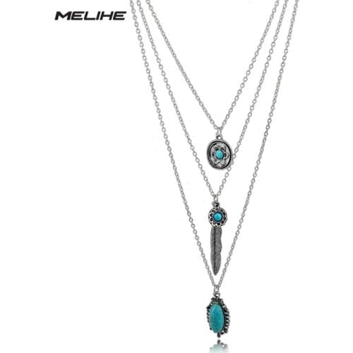 MELIHE Vintage Stone Flower Long Necklace Women Ethnic Leaf Gold Silver Chain Multilayer Necklaces Friendship Colar SNE160117