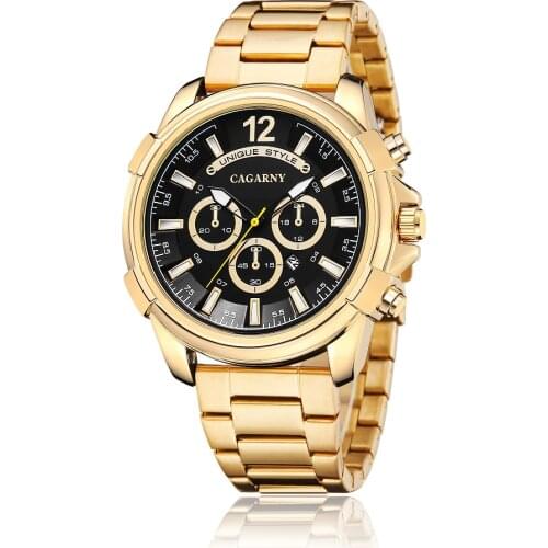 Fashion Luxury Brand Cagarny Men Gold Watches Mens Waterproof Stainless Steel Quartz Wrist Watch Male Clock Relogio Masculino