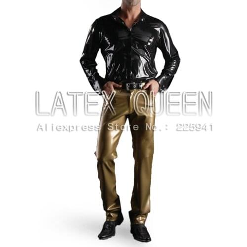 Mens latex jean rubber pants Metallic gold