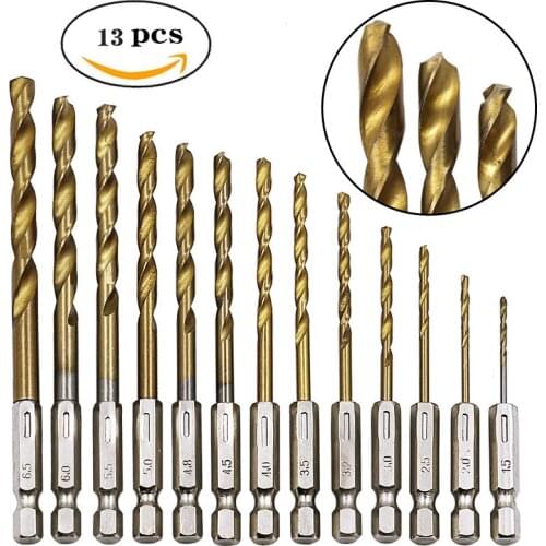 13PCS HSS High Speed Steel Titanium Coated Drill Bit Set 1/4 Hex Shank 1.5-6.5mm