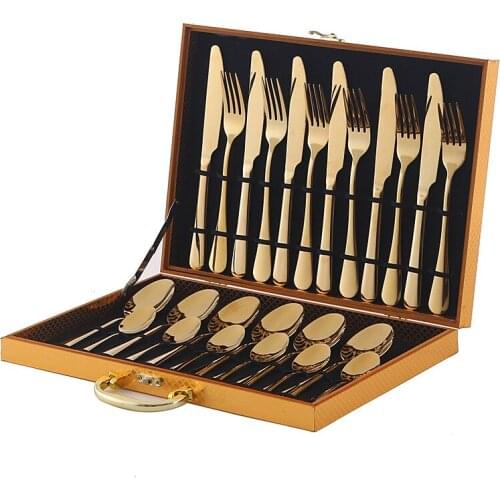 Gold Tableware 24-Piece Set Stainless Steel Knife Fork Spoon Dinnerware Set Table Cutlery Zero Waste Flatware Set Wood Gift Box