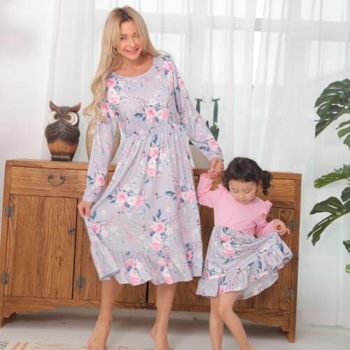 Family Matching Clothes Outfits Autumn Mother Daughter Cotton Long Sleeve Floral Print Dress Mommy Baby Kids Dresses