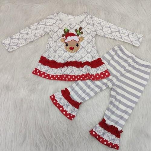 Wholesale New baby girls clothing sets fall baby boutique girl outfits white christmas deer shirt ruffle pants kids clothes