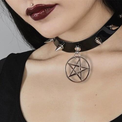 Sexy Punk Joker Rivets Choker Collar Leather Bondage Cosplay Goth Rave Jewelry Women Harness Gothic pentagram Pendant Necklaces