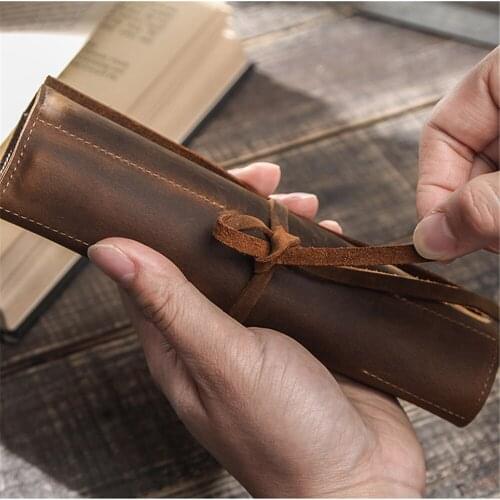 Roll Pen Pouch Genuine Leather Vintage Roll-Up Pencil Case Storage Bag Pen Curtain