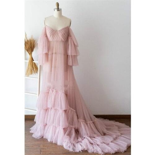 Pink Night Gown Illusion Bride Sleepwear Robes Tulle Custom Made Long Sleeves Dressing Gown Women Sexy Sleepwear Dresses