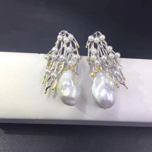 Vintage baroque natural fresh water pearl stud earring 925 sterling silver branch of tree fine women jewelry free shipping