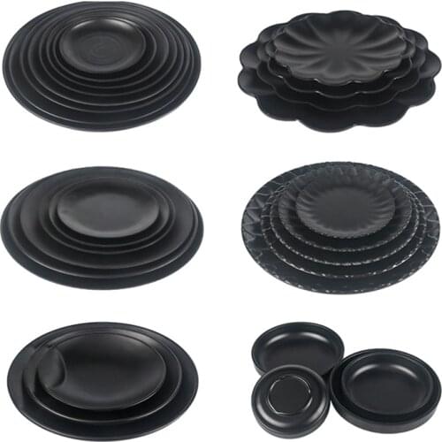 Japanese porcelain like frosted black buffet hot pot tableware round melamine plate cover rice plate thread plastic plate