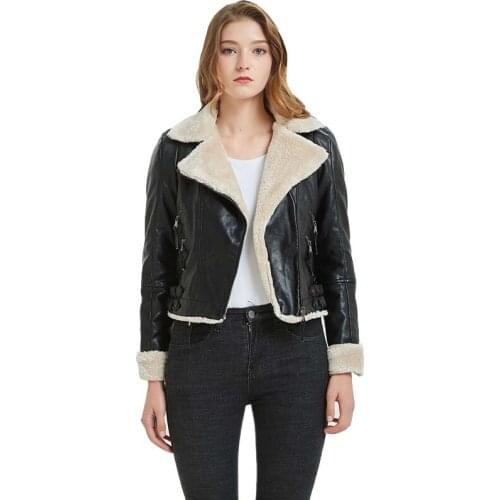 Fall Winter Cropped Sherpa Faux Leather Biker Jacket for Women Faux Fur Lined Punk Rock Ladies Black PU Leather Jacket