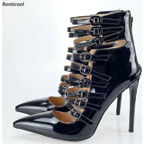 Ronticool Handmade Women Glossy Pumps Sexy Buckle Strap Stiletto Heel Pointed Toe Black Party Shoes Ladies US Plus Size 5-15