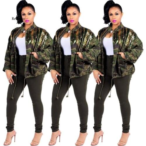 Women Military Jackets Winter Zipper Pockets Bomber Jacket Sequined Camouflage Outwear Coats Tops