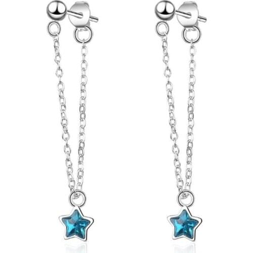 Star Earrings Female Korean Fashion 925 Sterling Silver Jewelry Five Pointed Blue Star Crystal Sweet Gift Dangle Earrings SE502