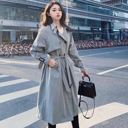 Spring New Trench Coat Female Temperament Slim Windbreakers Womens Long Double Breasted Overcoat Woman Solid Belt Coats Outwear