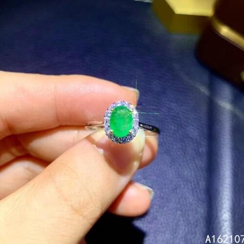 925 Pure Silver Chinese Style Natural Emerald Womens Classic Elegant Simple Oval Adjustable Gem Ring Fine Jewelry Support Detec