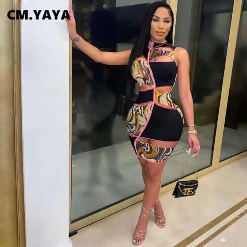 CM.YAYA Women Wave Striped Print Patchwork Cut Out Sexy Midi Mini Dress High Streetwear Party Bodycon Pencil Sleeveless Dresses