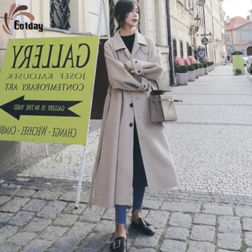 Cotday Solid 2021 Promotion Spring Long Women Single Breasted Korean Belt Hepburn Outwear Trench Retro X Long Woolen Blend Coat