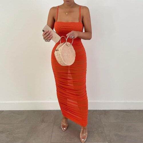 Neon Orange Sheer Mesh Ruched Camisole Dresses for Women Strapless Sleeveless Bandage Dresses Elegant Female Party Sundress