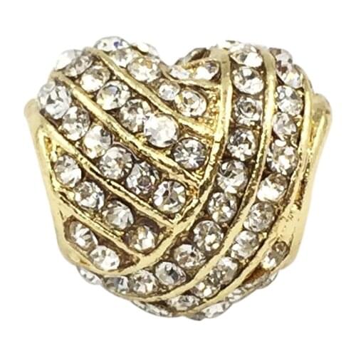 Gold- Love Lines Charm With Crystal Heart European Beads Fit Charms Bracelets&Bangles Necklace