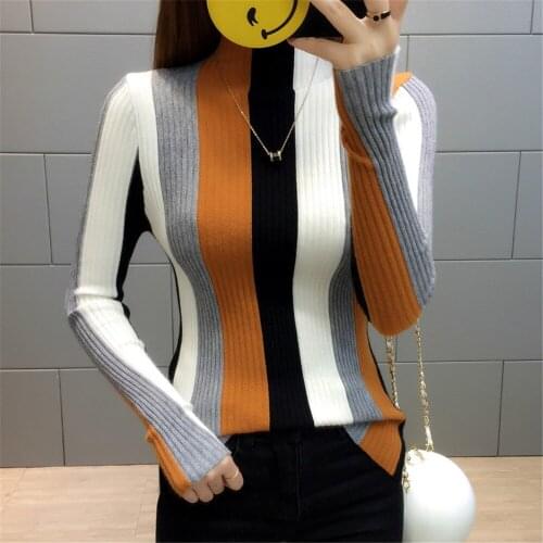 2020 Long Sleeve Winter Clothes Turtleneck Knitwear Slim Women Jumper Rainbow Stripe Sweater Contrast Knitted Pullover