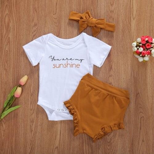 Infant Baby Girls Outfit Summer Sweet Style Round Collar Short Sleeve Letter Romper + Solid Color Shorts + Headband 3Pcs Set